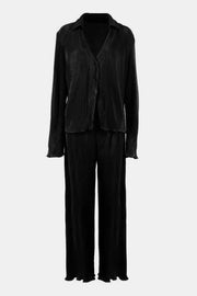 Black pleated shirt and wide-leg trouser set with lettuce hem details