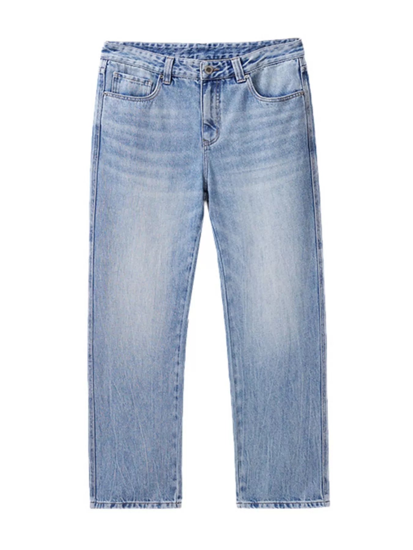 Men's relaxed fit light blue washed denim jeans with a straight leg.