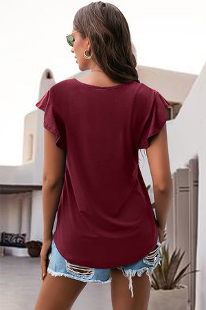 Burgundy ruffled sleeve tee with scoop neck, casual everyday style.