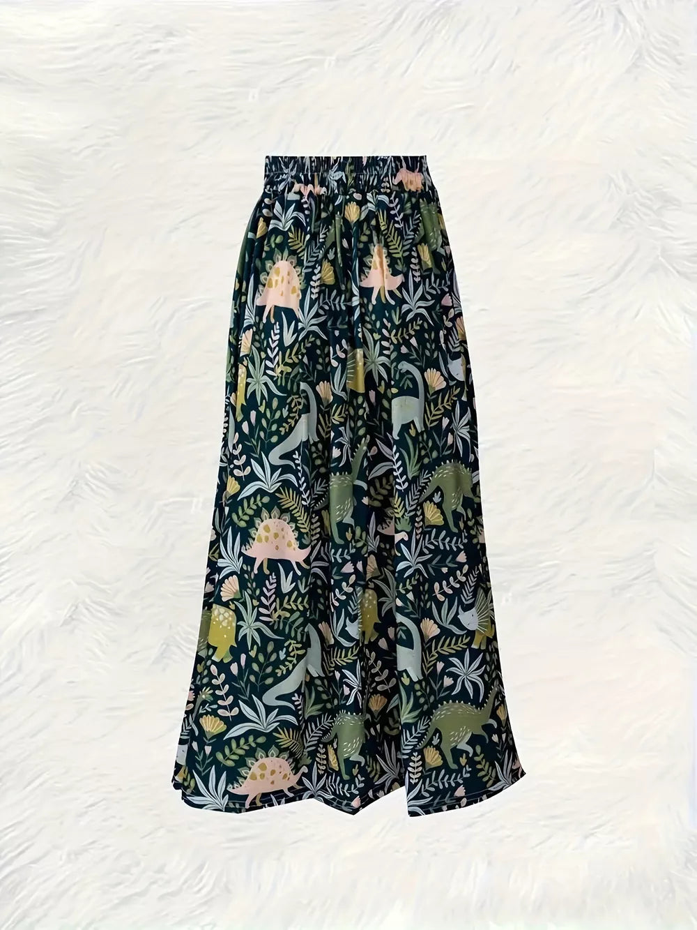 Dinosaur print elastic waist skirt in dark green with a-line cut and botanical pattern.