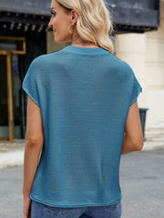 Blue knit cap sleeve top with vertical seam detail