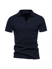 Men's dark navy blue notched collar polo shirt, short sleeve, cotton blend, casual fit