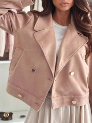 Chic Double-breasted Cropped Jacket in Dusty Pink, model styling view