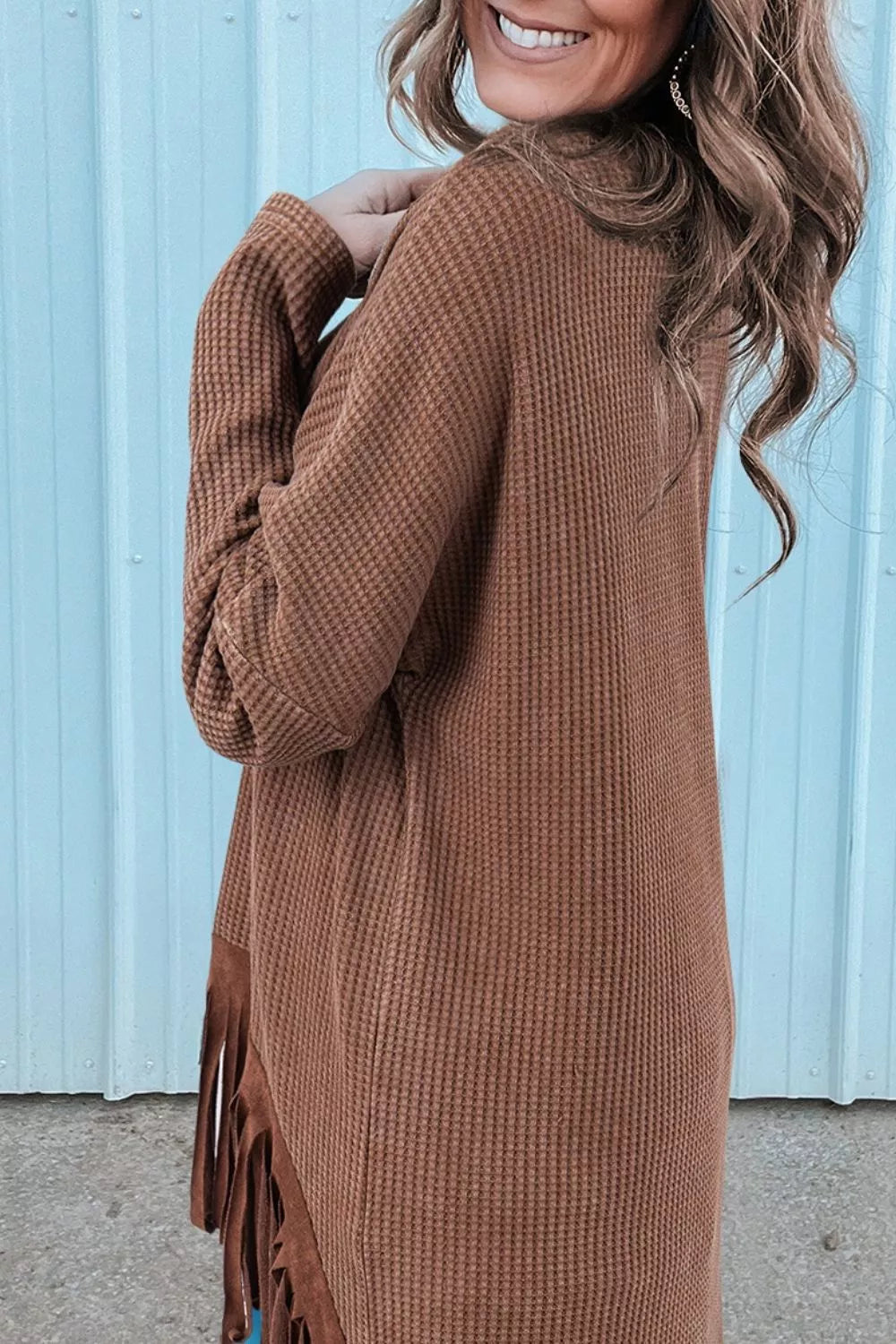 Waffle Knit Fringed High Low Loose Top in Brown, side view