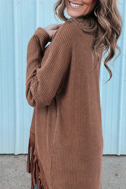 Waffle Knit Fringed High Low Loose Top in Brown, side view