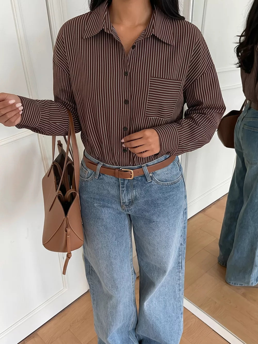 Striped Button-up Bodysuit in Brown, back view