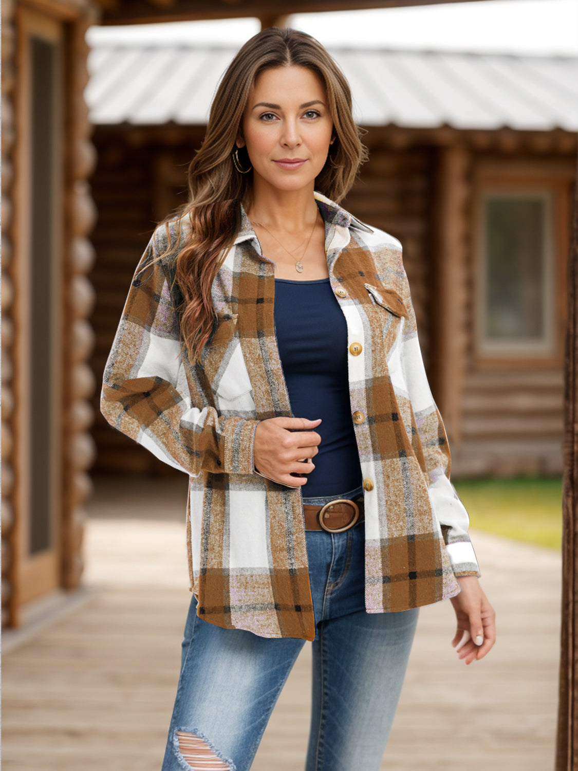 Checked plaid button-down overshirt in brown, white, and black with a relaxed fit.
