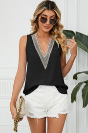 Black V-neck tank top with lace trim detail
