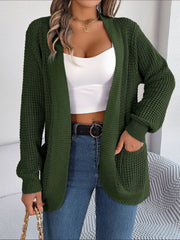 Army green textured knit open-front cocoon cardigan with pockets.