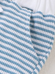 Baby blue and white striped waffle knit tee and shorts set with white trim.