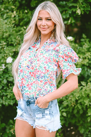 Floral ruffle collar puff sleeve blouse with a colorful floral print.
