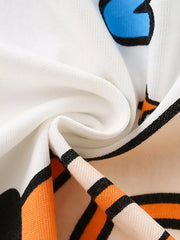 White cotton t-shirt with blue and orange rocket graphic details.