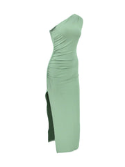 One-shoulder ruched bodycon dress in green with a high slit.