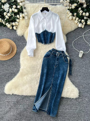 Denim corset and slit maxi skirt set with white button-up shirt.