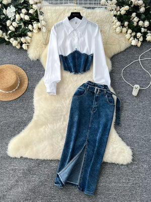 Denim corset and slit maxi skirt set with white button-up shirt.
