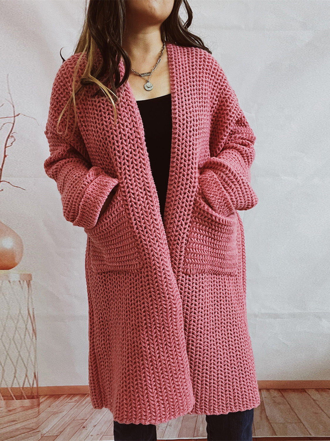 Chunky knit cocoon cardigan coat in Dusty Pink with pockets and wide sleeves.