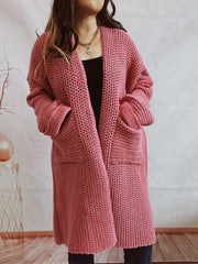Chunky knit cocoon cardigan coat in Dusty Pink with pockets and wide sleeves.