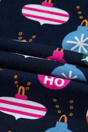 Navy blue loungewear set with festive bauble print and "HO HO HO" text.