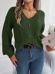 Army green cable knit button-front cardigan with V-neck and balloon sleeves.