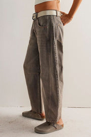 Sculpted denim barrel leg jeans in Olive Brown with contrast stitching and a relaxed fit.