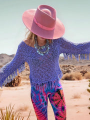 Open-knit boatneck sweater in electric purple with fringe details and bell sleeves.