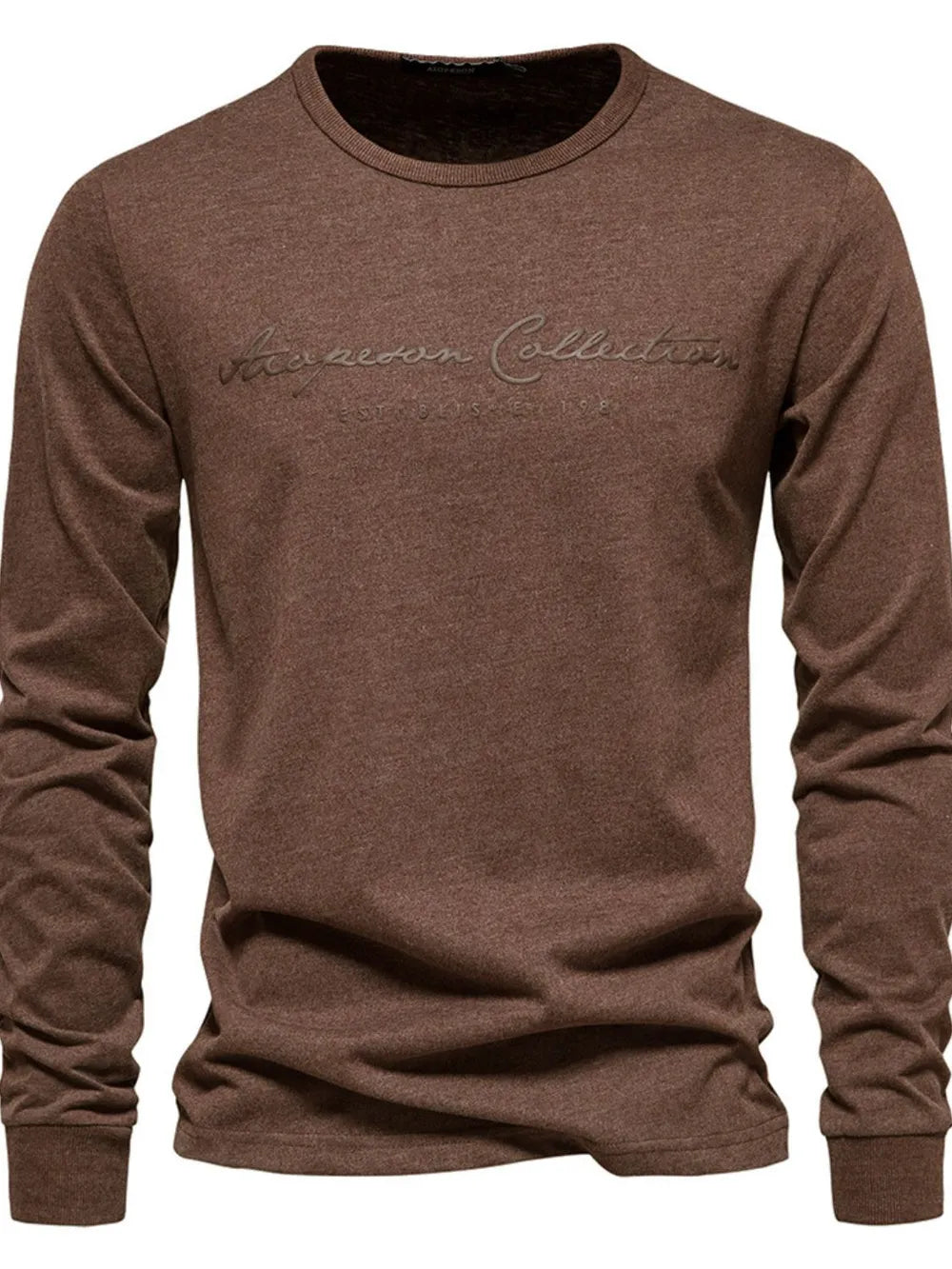 Brown crewneck long sleeve t-shirt with embossed script logo detail.