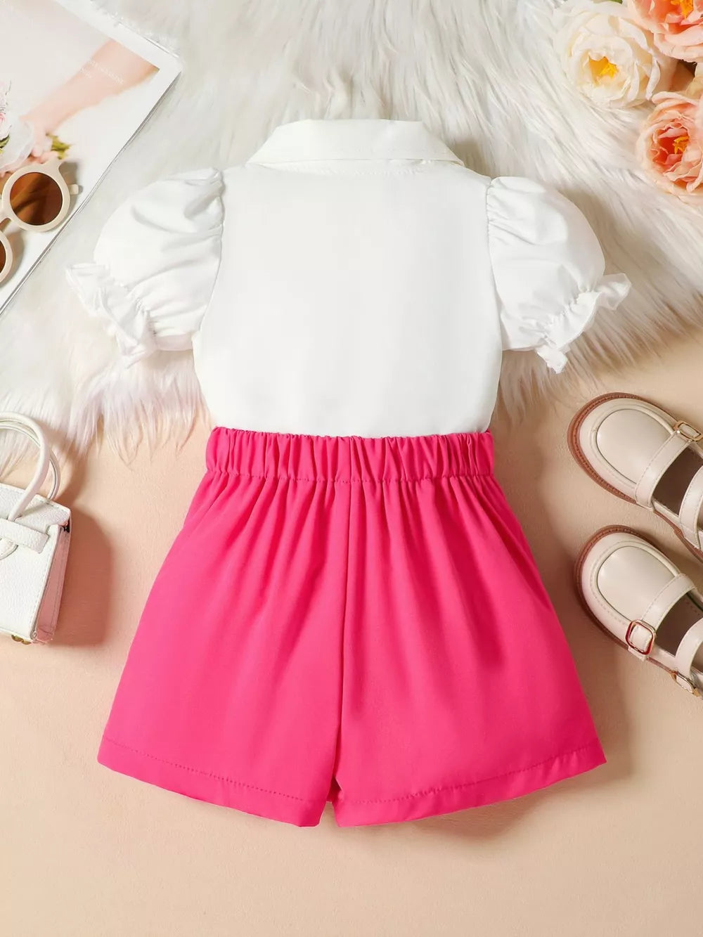 Toddler pink shorts and white puff sleeve shirt set with collar