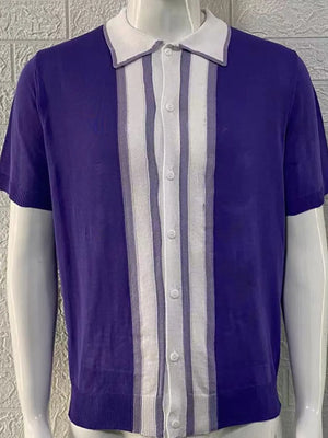 Violet acrylic knitted polo shirt with vertical white and grey stripes and a white collar.