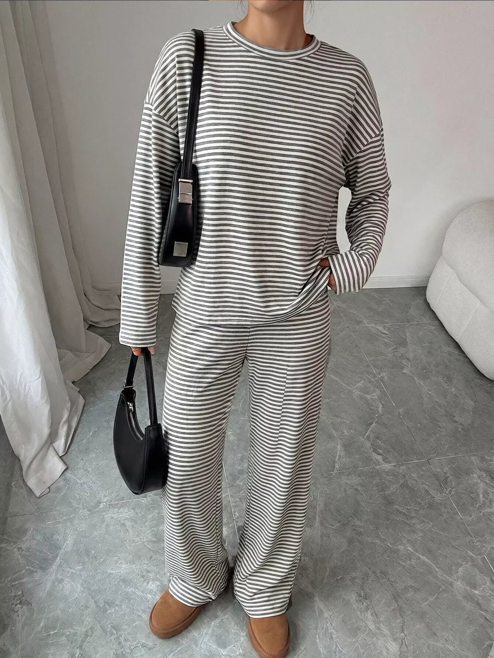 Striped Round Neck Top And Pants Set in Gray, model styling view