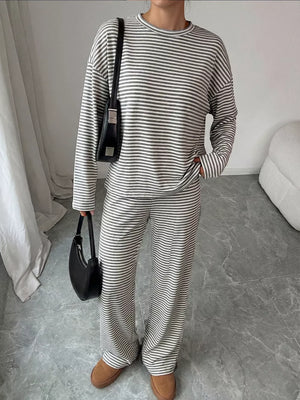 Striped Round Neck Top And Pants Set in Gray, model styling view