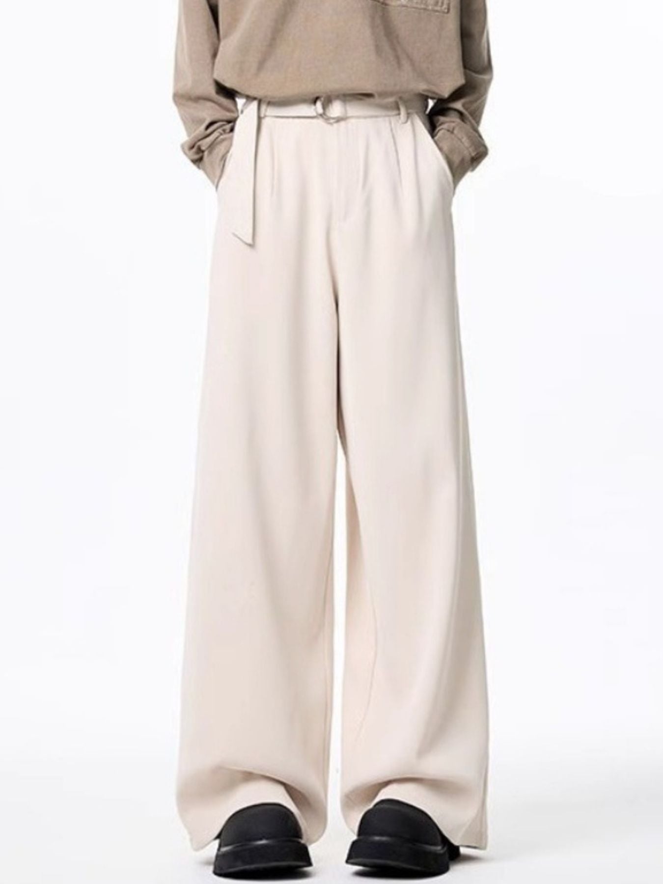 Apricot wide-leg casual pants with belted waist and pockets