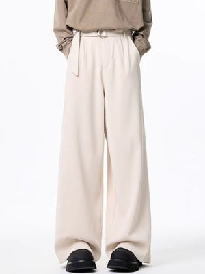 Apricot wide-leg casual pants with belted waist and pockets