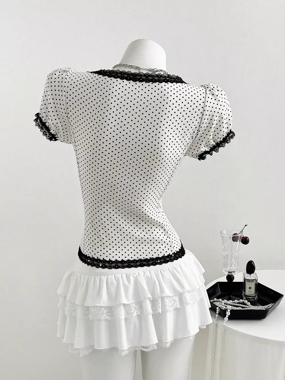 Polka Dot Lace Trim Puff Sleeve Top, back view