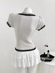 Polka Dot Lace Trim Puff Sleeve Top, back view