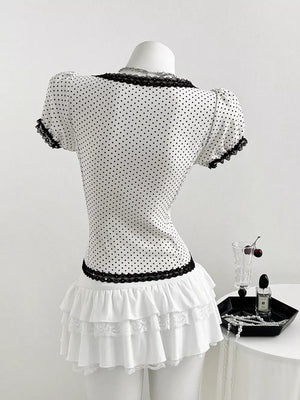 Polka Dot Lace Trim Puff Sleeve Top, back view