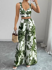 Green tropical print crop top and wide-leg pants set with sweetheart neckline
