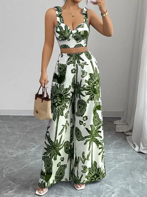 Green tropical print crop top and wide-leg pants set with sweetheart neckline