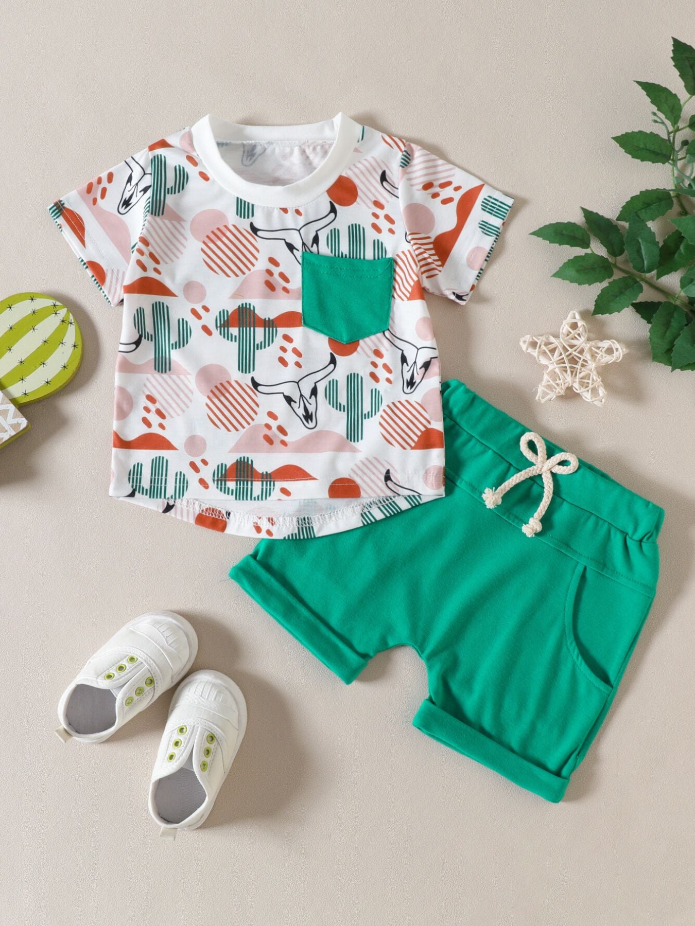 Baby set with cactus and bull skull print white tee and green shorts