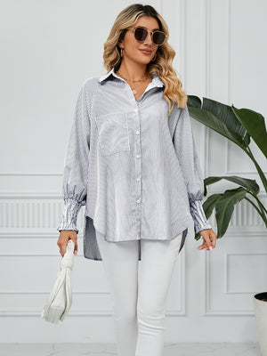Balloon sleeve stripe shirt with button-up front and smocked cuffs.