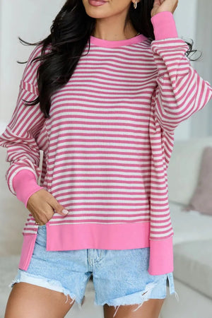Stripe Textured Knit Color Block Long Sleeve Top in Blush Pink, model styling view