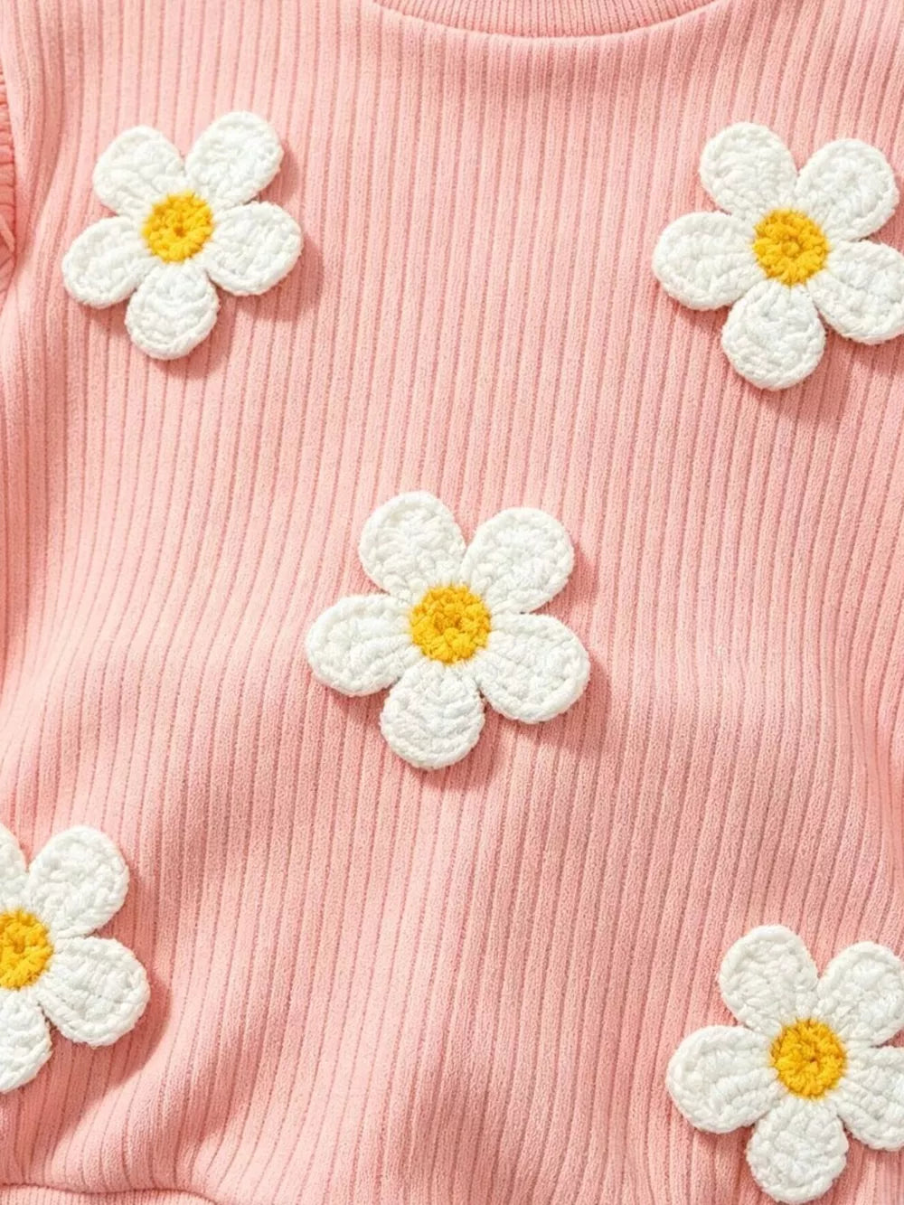 Children's Daisy Ruffled Ribbed Top & Flare Pants Set in Pink, model styling view