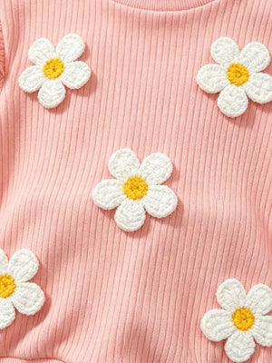 Children's Daisy Ruffled Ribbed Top & Flare Pants Set in Pink, model styling view