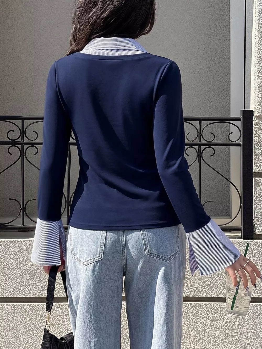 Contrast Collar Long Sleeve Top in Dark Blue, back view