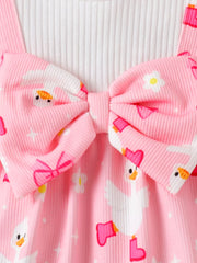 Children's Bow Duck Print Romper With Headband in Pink, model styling view