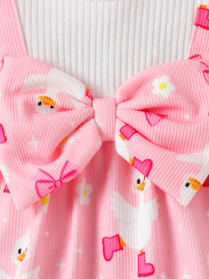 Children's Bow Duck Print Romper With Headband in Pink, model styling view