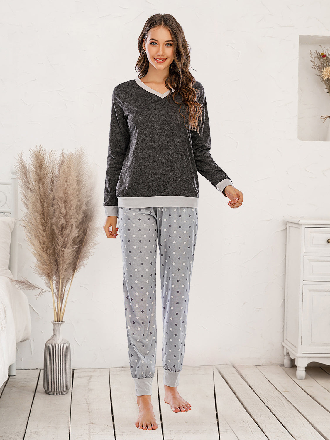 Contrast trim polka dot lounge set with v-neck top and cuffed pants