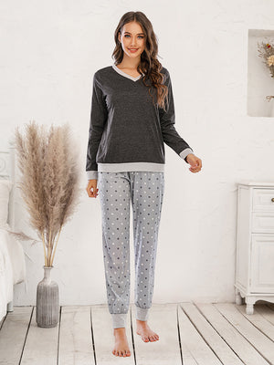 Contrast trim polka dot lounge set with v-neck top and cuffed pants