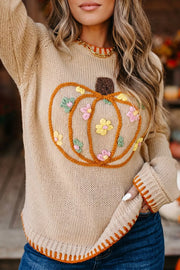 Floral Embroidery Pumpkin Long Sleeve Sweater, model styling view