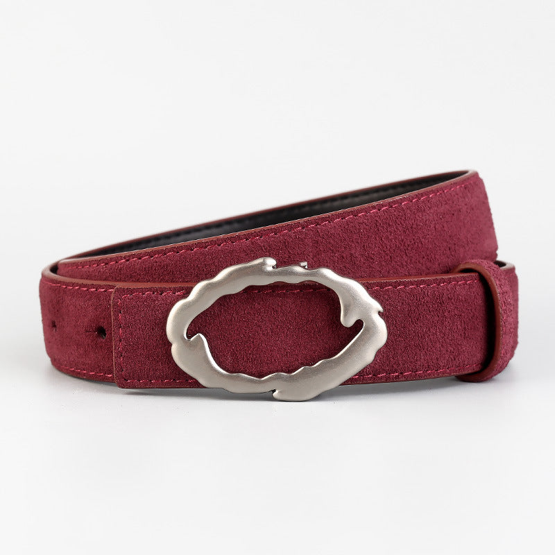 Angola Red cowhide leather belt with wavy silver buckle