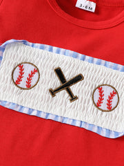 Red baseball graphic tee with smocked panel and gingham trim.